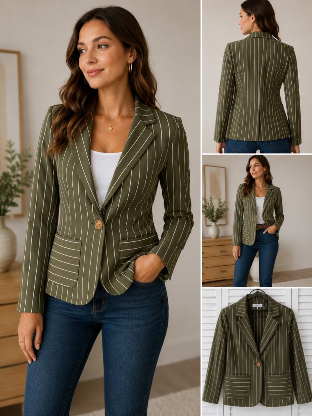 Olive Green Pinstripe Stretch Blazer Jacket Women’s Size M